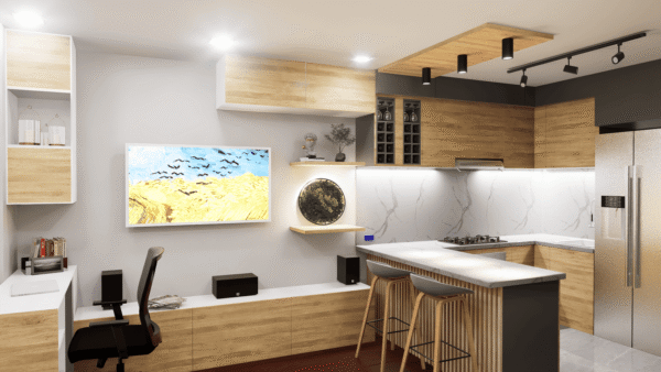 En este proyecto, transformamos las zonas sociales de un apartamento en un espacio cálido, elegante y funcional. Integramos cocina, comedor y zona de trabajo en un solo ambiente, aprovechando al máximo cada centímetro.<br />
<a href="/apartamento-140" class="btn-proyecto" target="_blank">Ver Proyecto</a> Diseño de zonas sociales para apartamento moderno