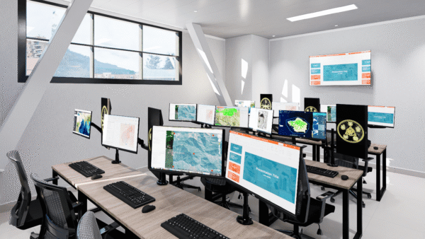 Espacio optimizado para el aprendizaje y la operación
Este ambiente ha sido diseñado como una sala de capacitación técnica de alto rendimiento, ideal para formación especializada en análisis geográfico, ciberseguridad o sistemas de información. El espacio integra estaciones individuales con doble monitor, dispuestas en líneas paralelas para mantener visibilidad frontal y circulación fluida.
Distribución y mobiliario:
Cada puesto cuenta con mobiliario ergonómico: sillas con respaldo ventilado, escritorios en melamina tipo madera con estructuras metálicas y brazos articulados para pantallas, lo que optimiza el área de trabajo. El diseño modular permite adaptarse a diferentes configuraciones de formación (capacitación, monitoreo, operación).
Materiales y acabados:
Los acabados reflejan una estética profesional y funcional: pisos en porcelanato de alto tráfico, paredes en tono neutro con textura ligera, y cielo raso modular con luminarias LED empotradas para iluminación homogénea.
Iluminación y ventilación:
La iluminación natural entra a través de amplios ventanales de aluminio con vidrio templado, generando un ambiente luminoso y agradable, complementado con luz artificial blanca neutra, ideal para mantener la concentración. Las ventanas también aportan ventilación cruzada, mejorando el confort térmico sin necesidad de equipos adicionales.
Tecnología e integración:
Una pantalla principal al frente permite presentaciones simultáneas y control centralizado del contenido. La conectividad estructurada (visible en cableado y soportes) está diseñada para operaciones ininterrumpidas y trabajo colaborativo.<br />
<a href="/salas-gubernamentales" class="btn-proyecto" target="_blank">Ver Proyecto</a> Sala de capacitación técnica